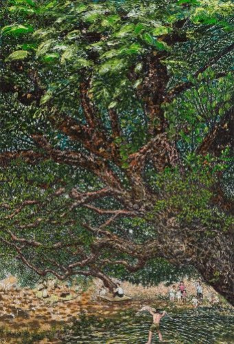 마을밖 버드나무 아래 행복한 사람들,  2013,  Oil on canvas,  107x72.5cm
